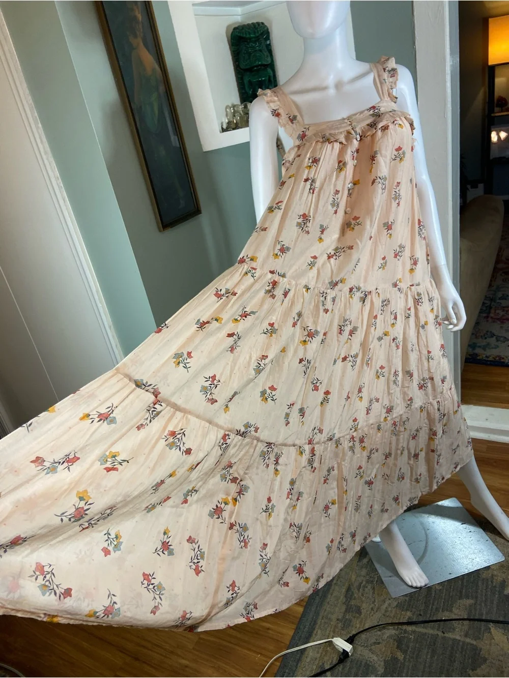 NWT New Womens Lali Bougainvillea Peach Floral Ruffle Tiered Maxi Dress XSmall